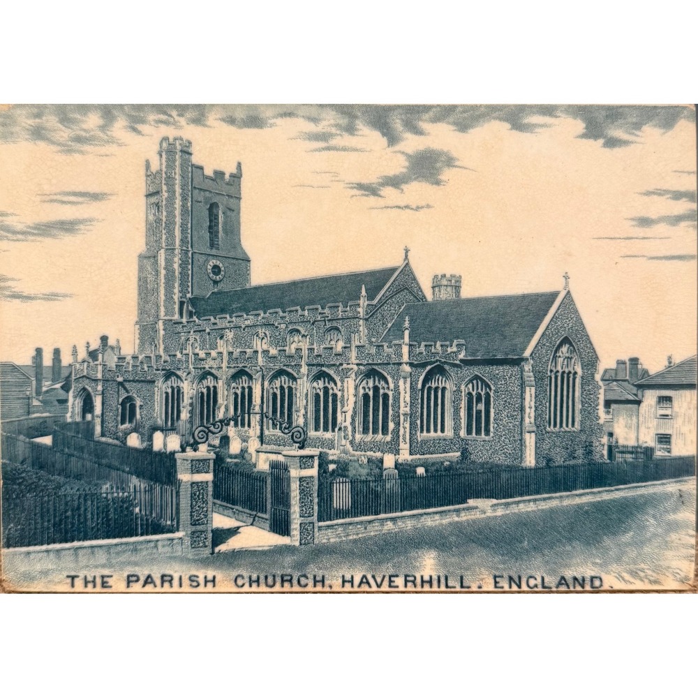 Antique Chas Emerson & Sons Parish Church Haverhil England Ceramic Tile Souvenir - Picture 2 of 6